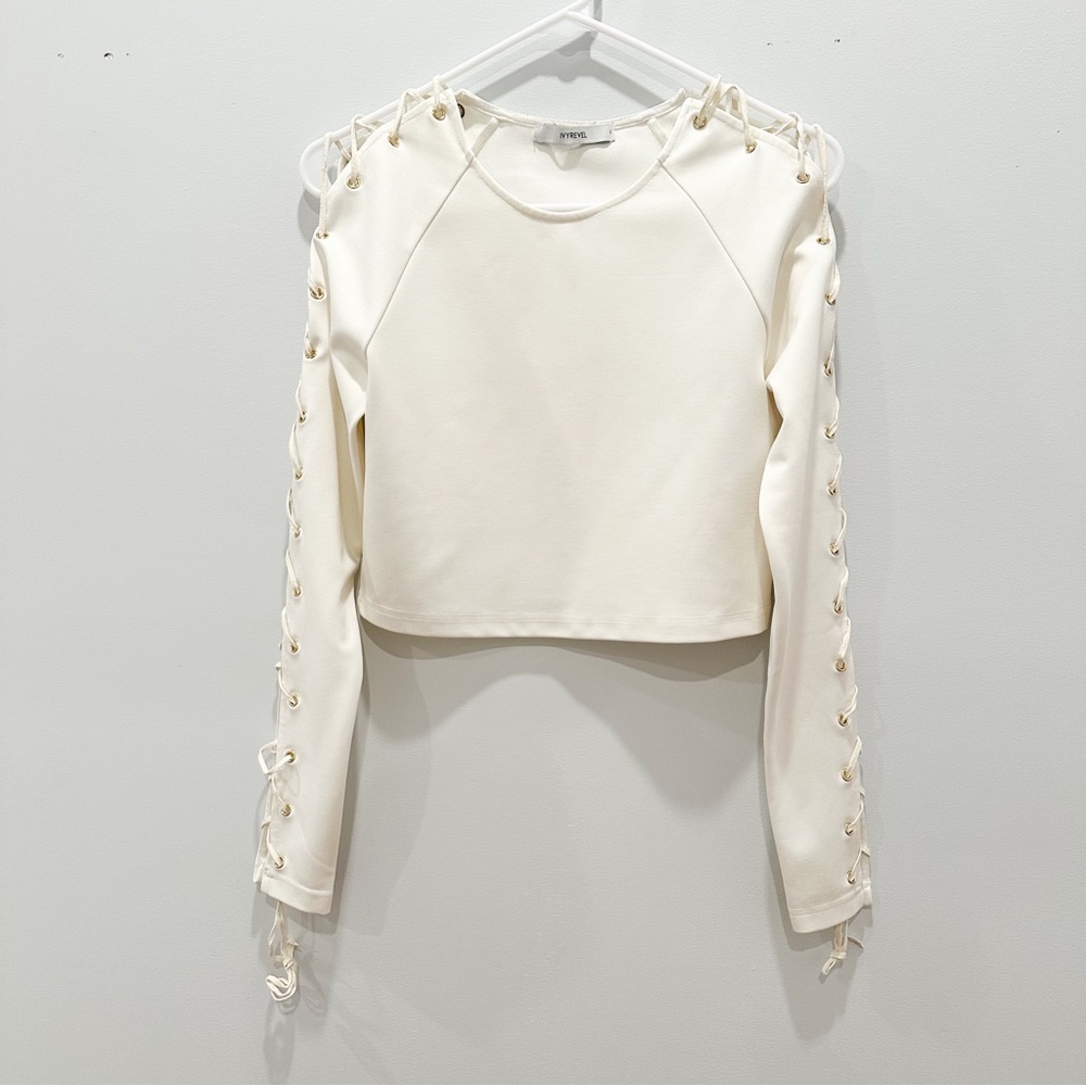 IVYREVEL Oxygen Cream Lace Up Gold Grommets Crop Top Small